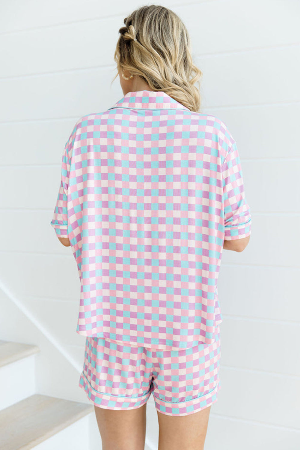 Checkered Pattern Short Sleeve Pajamas Set | Purple