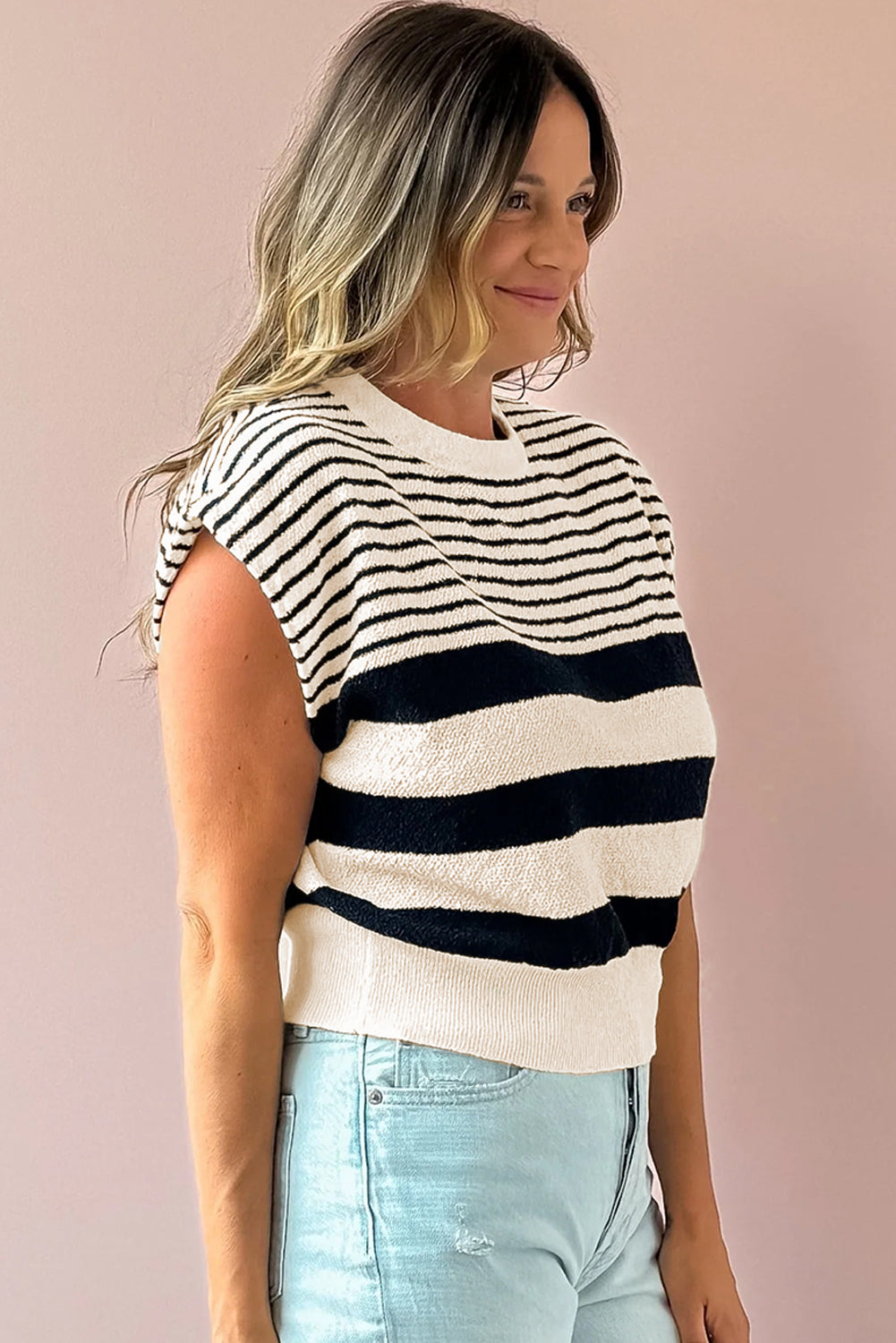 Black White Striped O Neck Sweater Vest | Black white