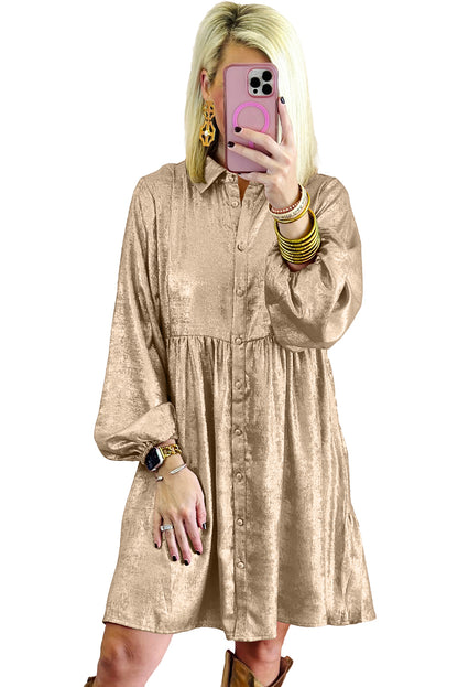 Metallic Sheen Puff Sleeve Button Up Mini Shirt Dress | Apricot