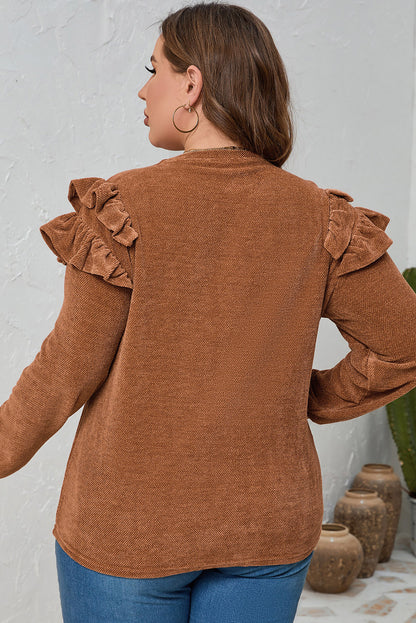 Plus Size Solid Ruffled Tiered Long Sleeve Top | Brown