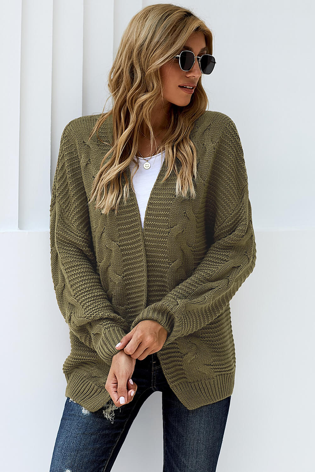 Olive Chunky Wide Long Sleeve Knit Cardigan | Olive Green