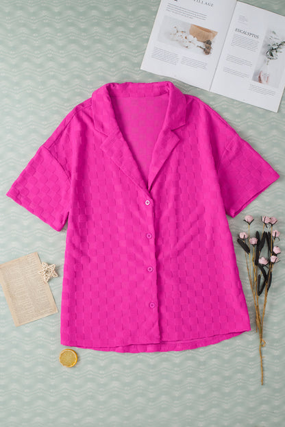 Lapel Neck Checkered Textured Short Sleeve Shirt | Bright Pink