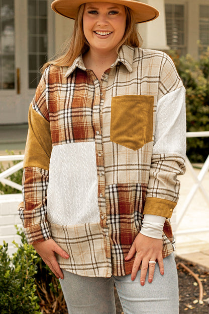 Golden Apricot Plus Size Plaid Patchwork Button Up Shacket | Gold Brick