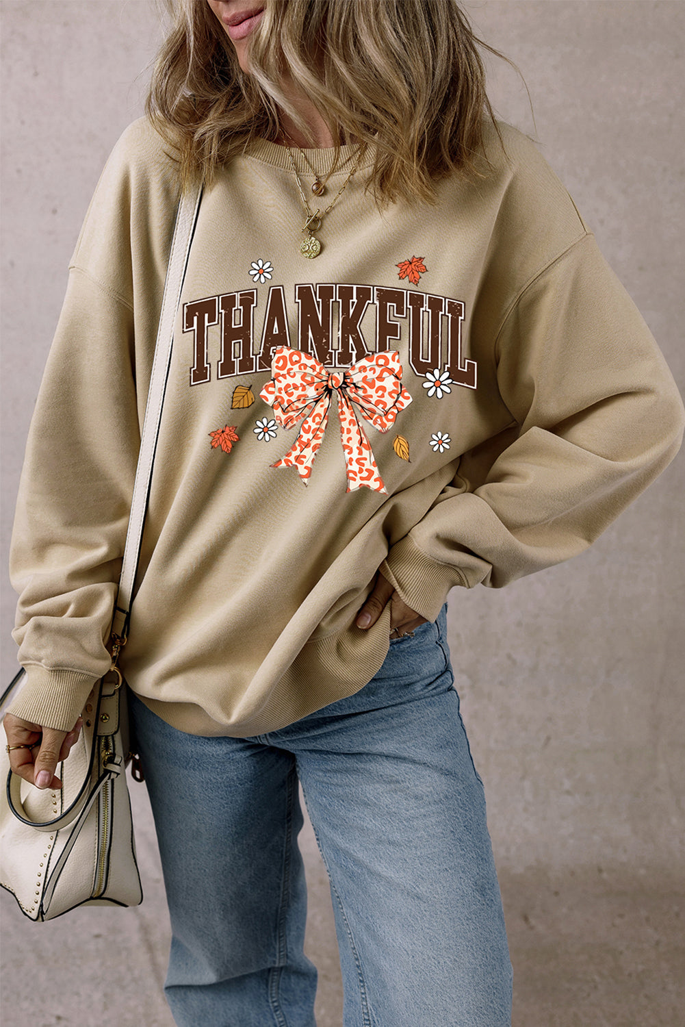 Thankful Leopard Bow Fall Vibe Graphic Sweatshirt | Parchment