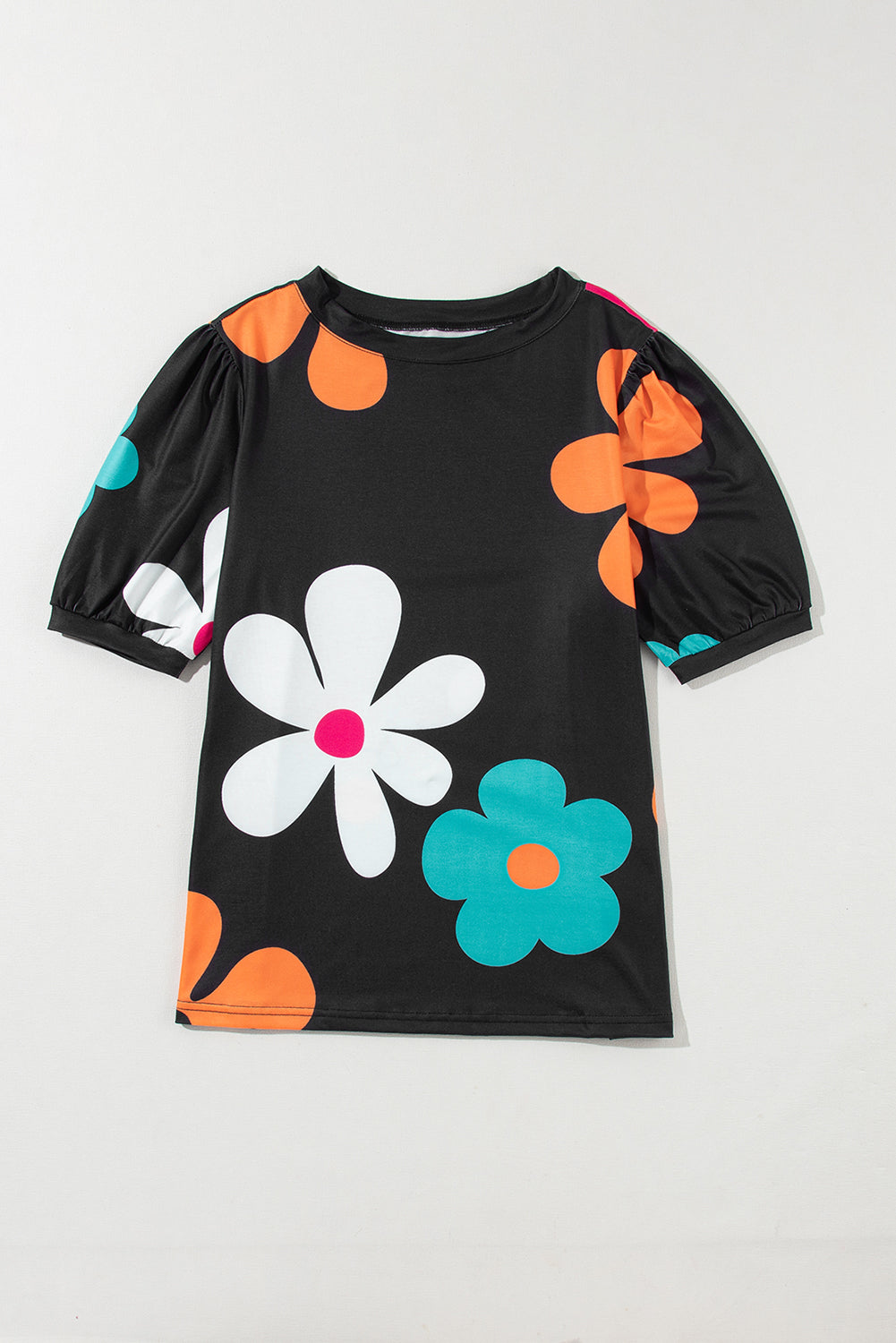 Flower Print Bubble Sleeve Tee | Black