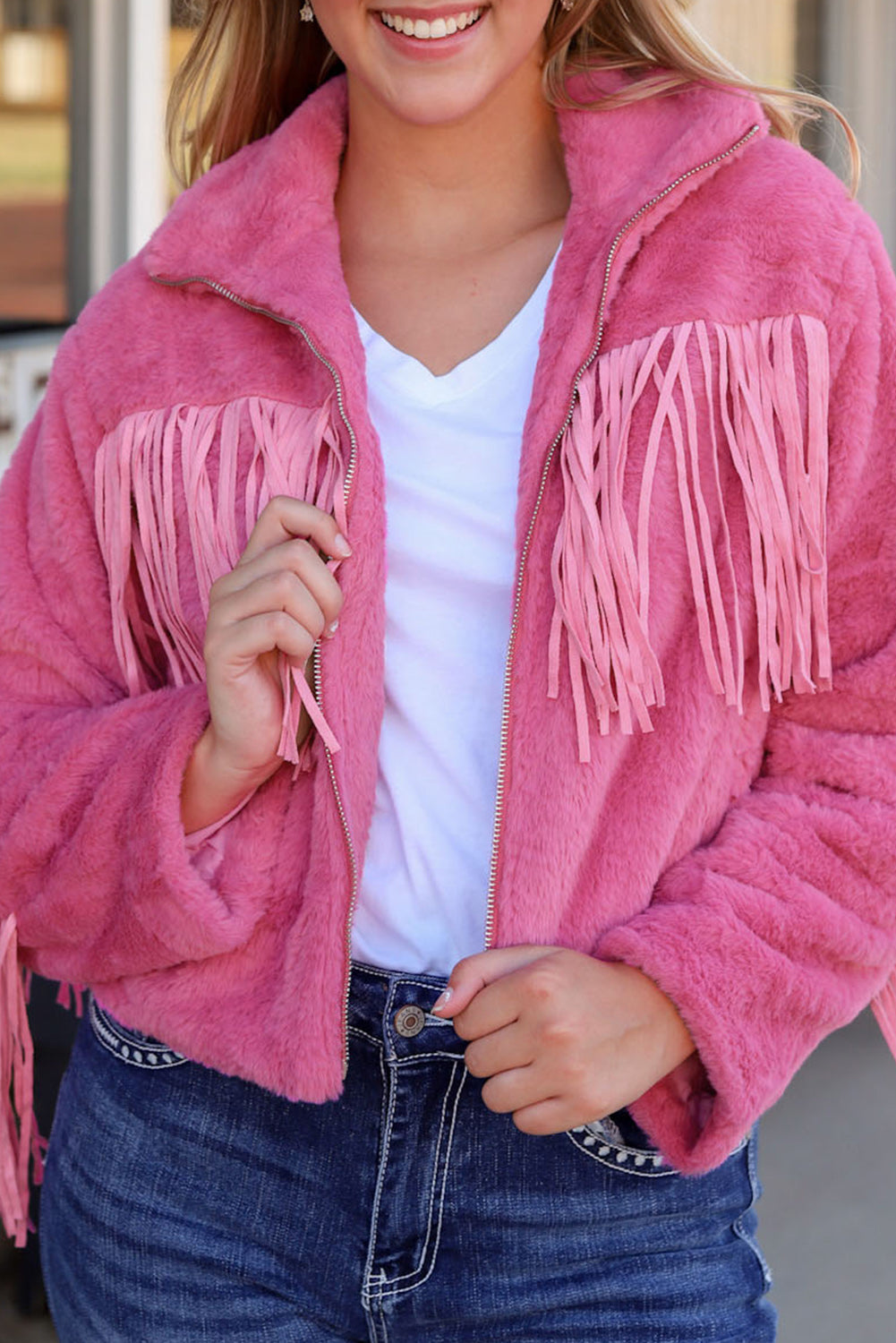 Fringed Full Zipper Fleece Jacket | Pink