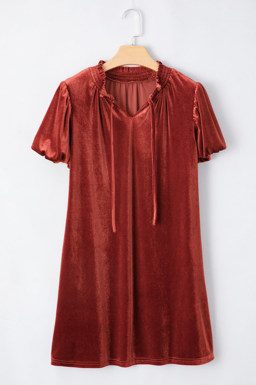 Velvet Smocked Neckline Puff Sleeve Shift Mini Dress | Cinnamon