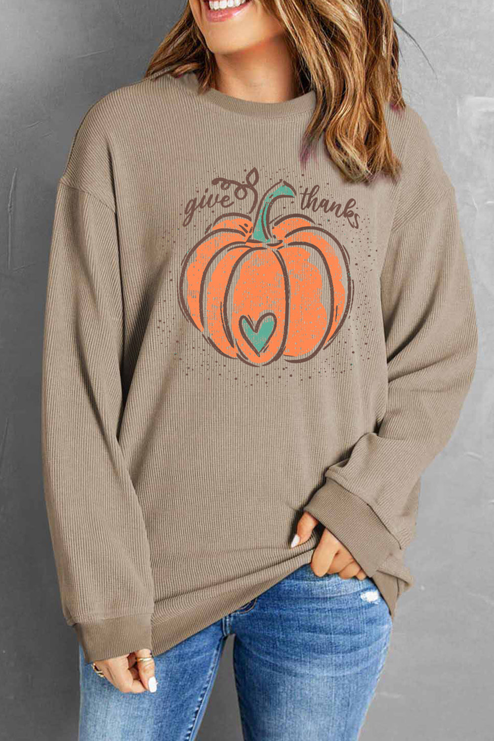 Give Thanks Pumpkin Graphic Corded Sweatshirt | Khaki