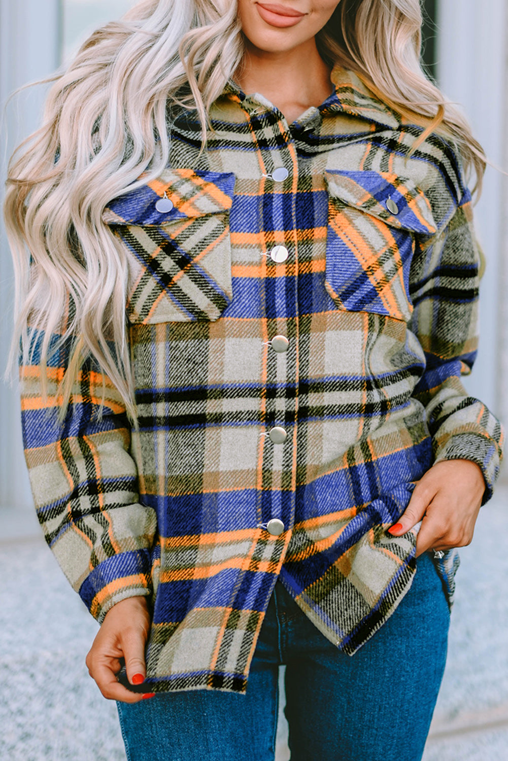 Geometric Plaid Print Pocketed Shacket | Blue