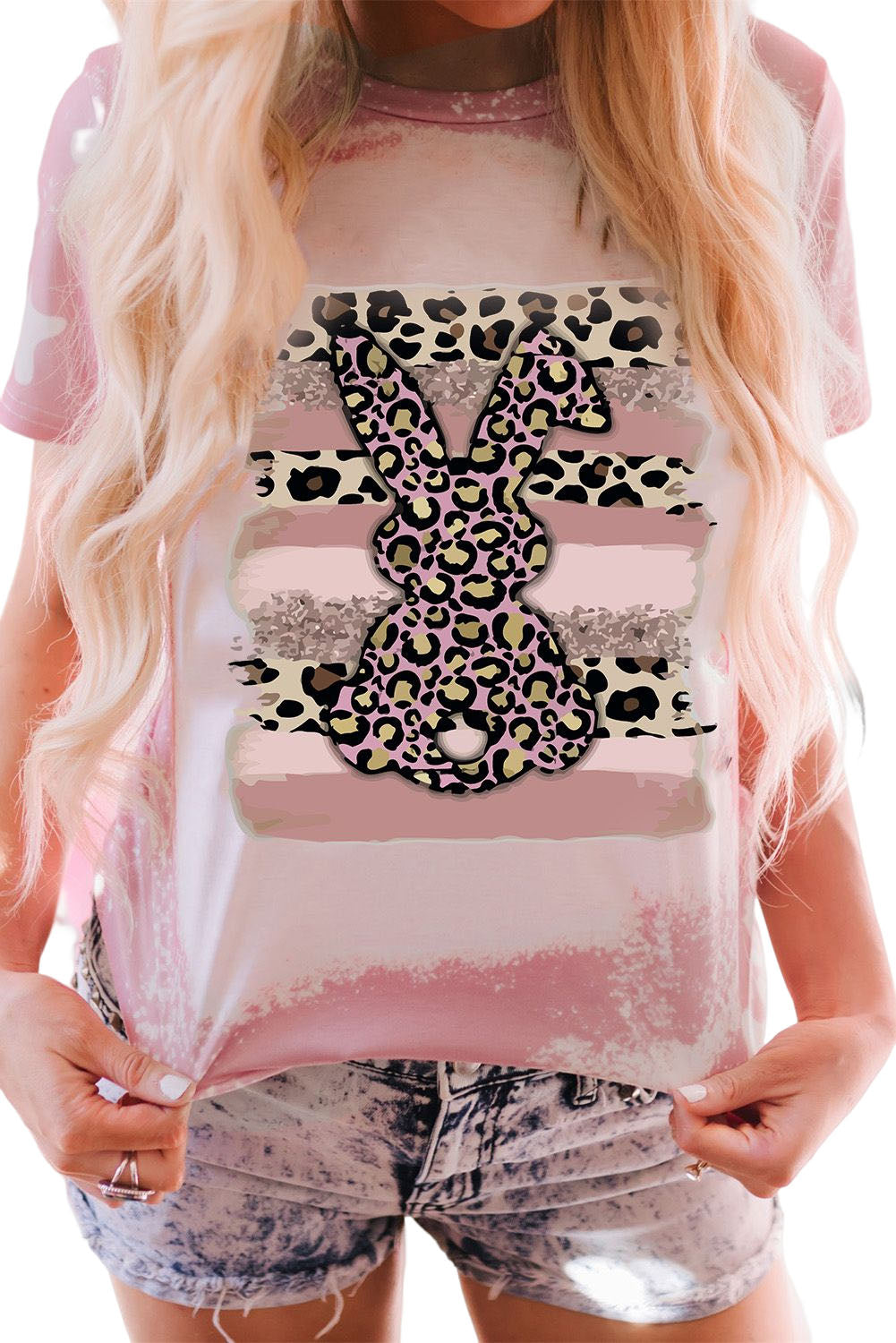 Tie Dye Contrast Leopard Rabbit Graphic T Shirt | Pink