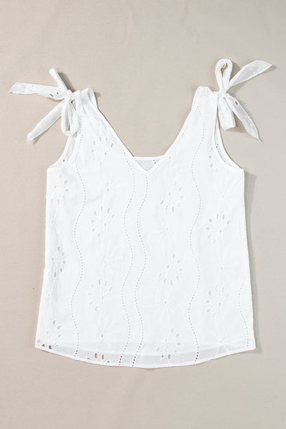 Embroidery Patterned Knotted Straps V Neck Tank Top | White