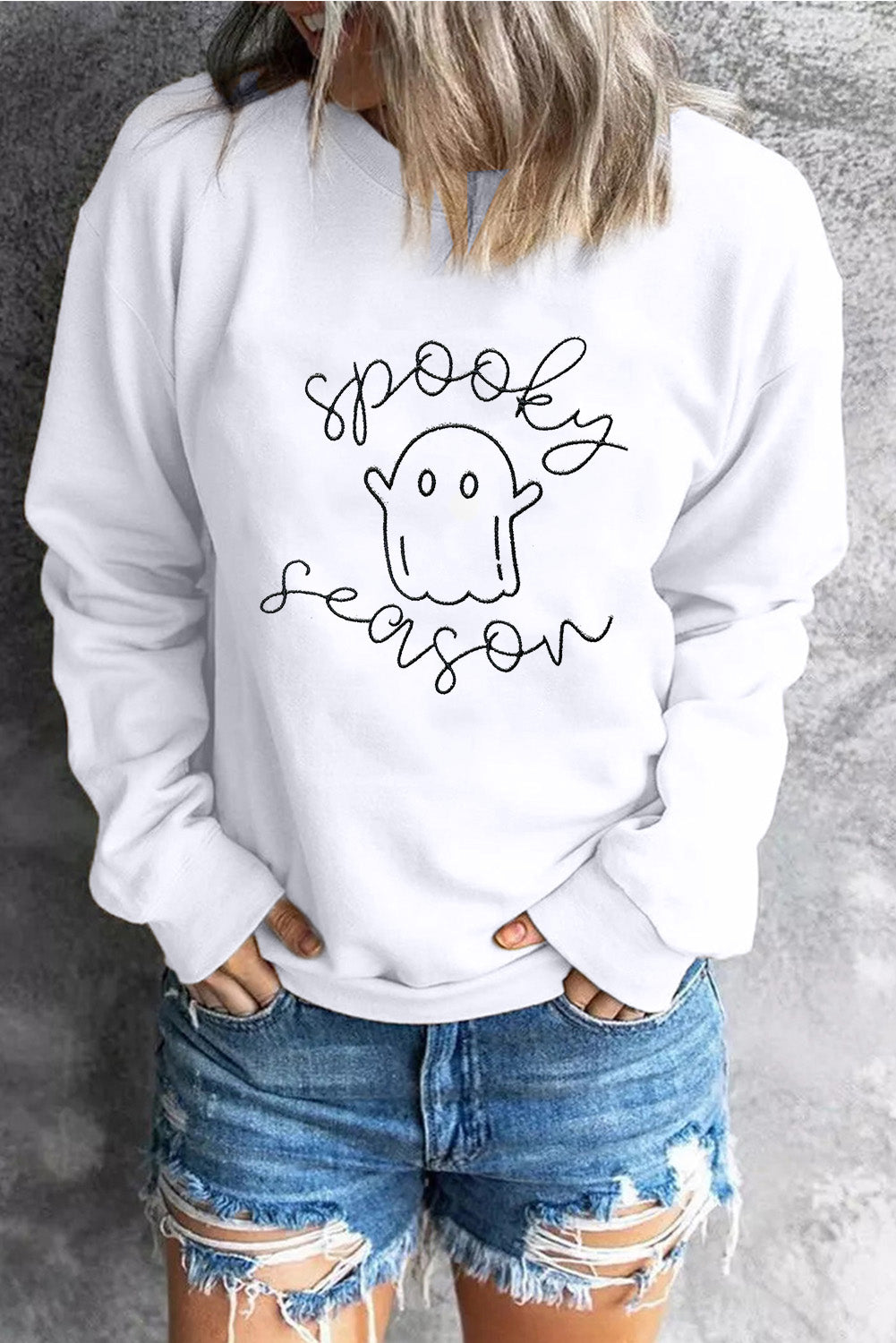 Cute Ghost Spooky Season Graphic Halloween Sweatshirt | Beige