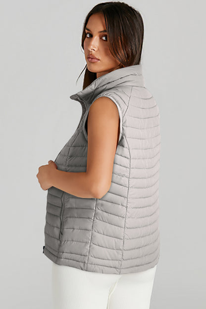 Plush Collared Quilted Zipped Puffer Vest | Silvery