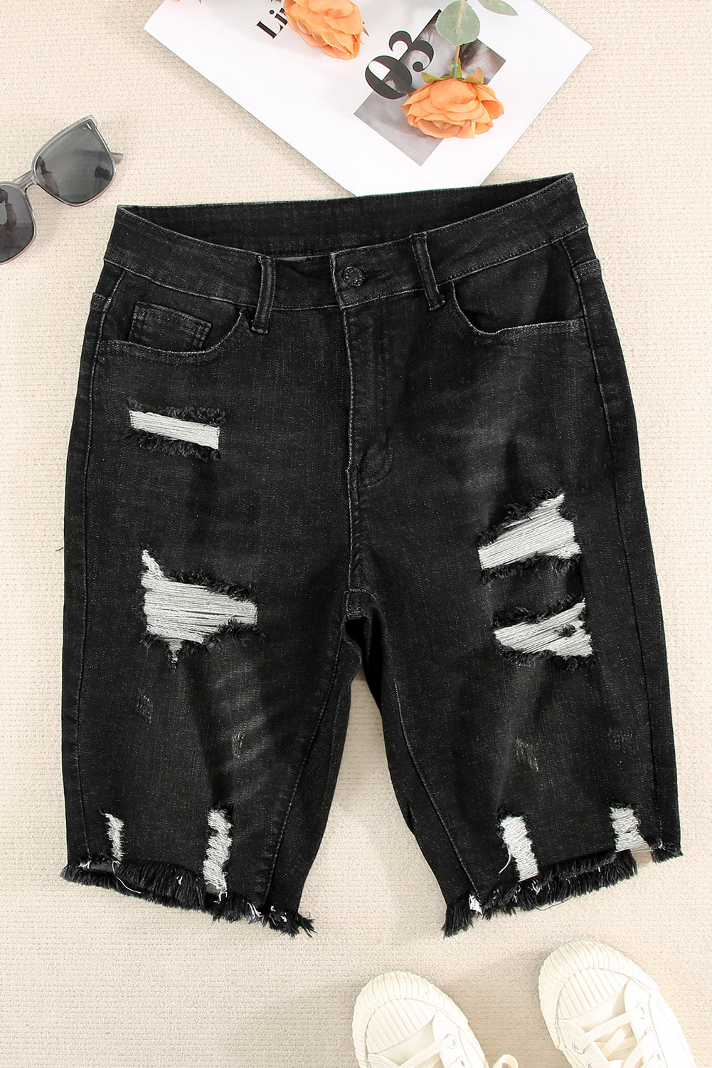 Ripped Tassel Bermuda Denim Shorts | Black