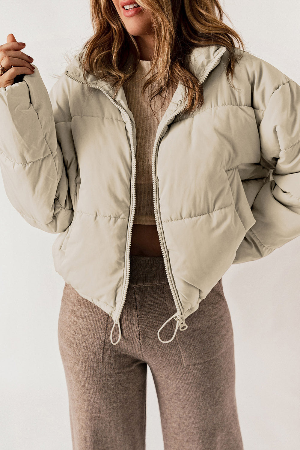 Zip Up Drawstring Hem Puffer Jackets | Apricot