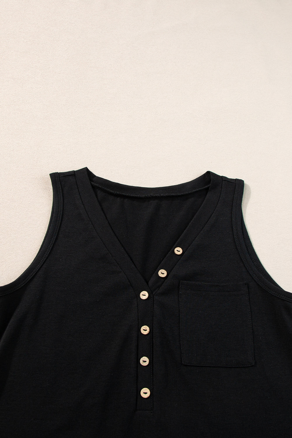 Half Button V Neck Patched Pocket Tank Top | Black