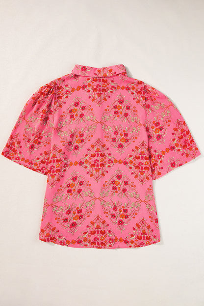 Floral Print Wide Short Sleeve Loose Shirt | Rose Red