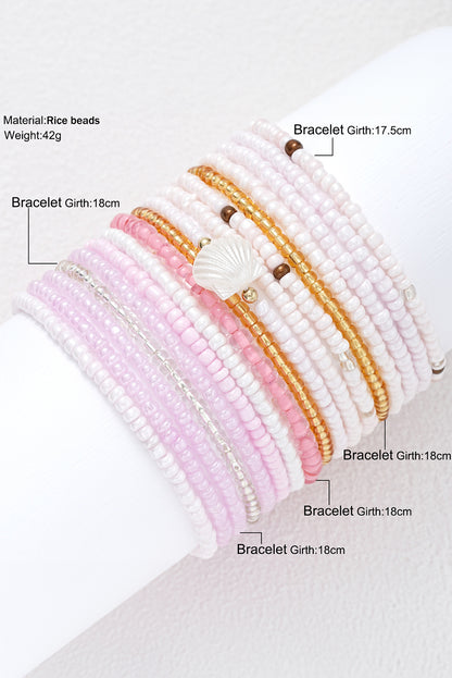 Bohemian Beaded Shell Ornament Bracelet Set | Light Pink