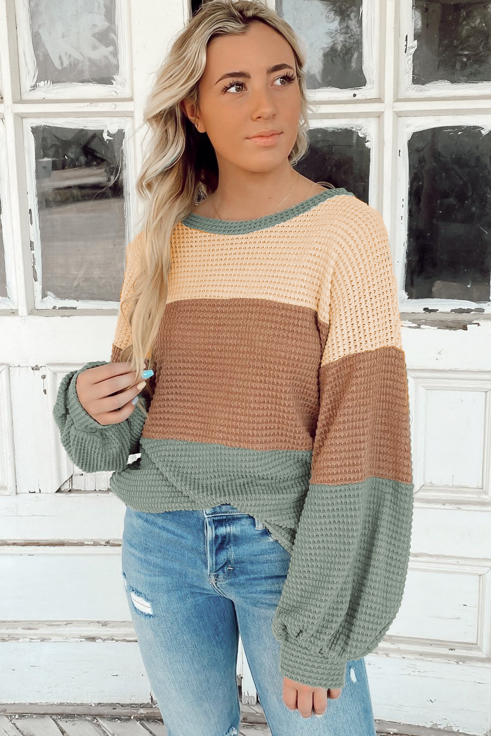 Textured Colour Block Bubble Sleeve Baggy Top | Green Stripe