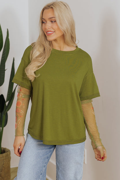 Faux Two Piece Floral Long Sleeve Patchwork Tee | Fern Green