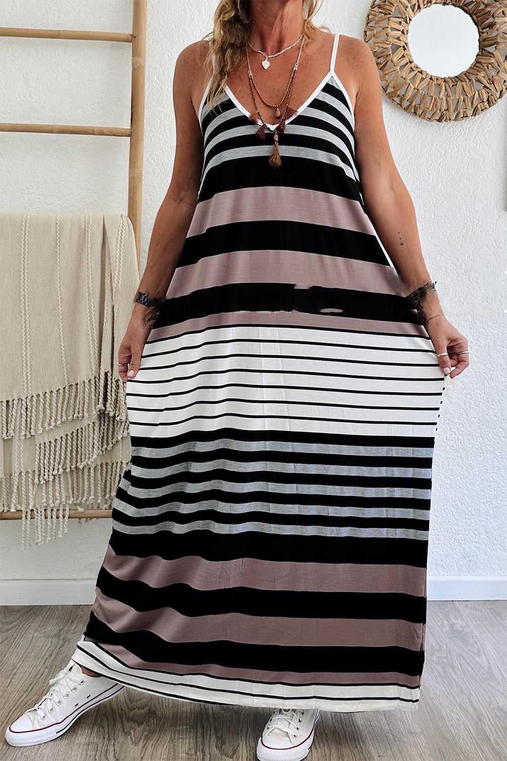 Mixed Stripes Spaghetti Straps V Neck Maxi Dress | Multicolour