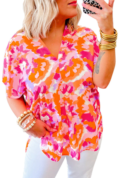 Abstract Print V Neck Summer Blouse | Rose Red