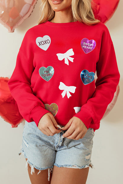 Valentines Sequin Bow Heart Patched Pattern Pullover Sweatshirt | Red