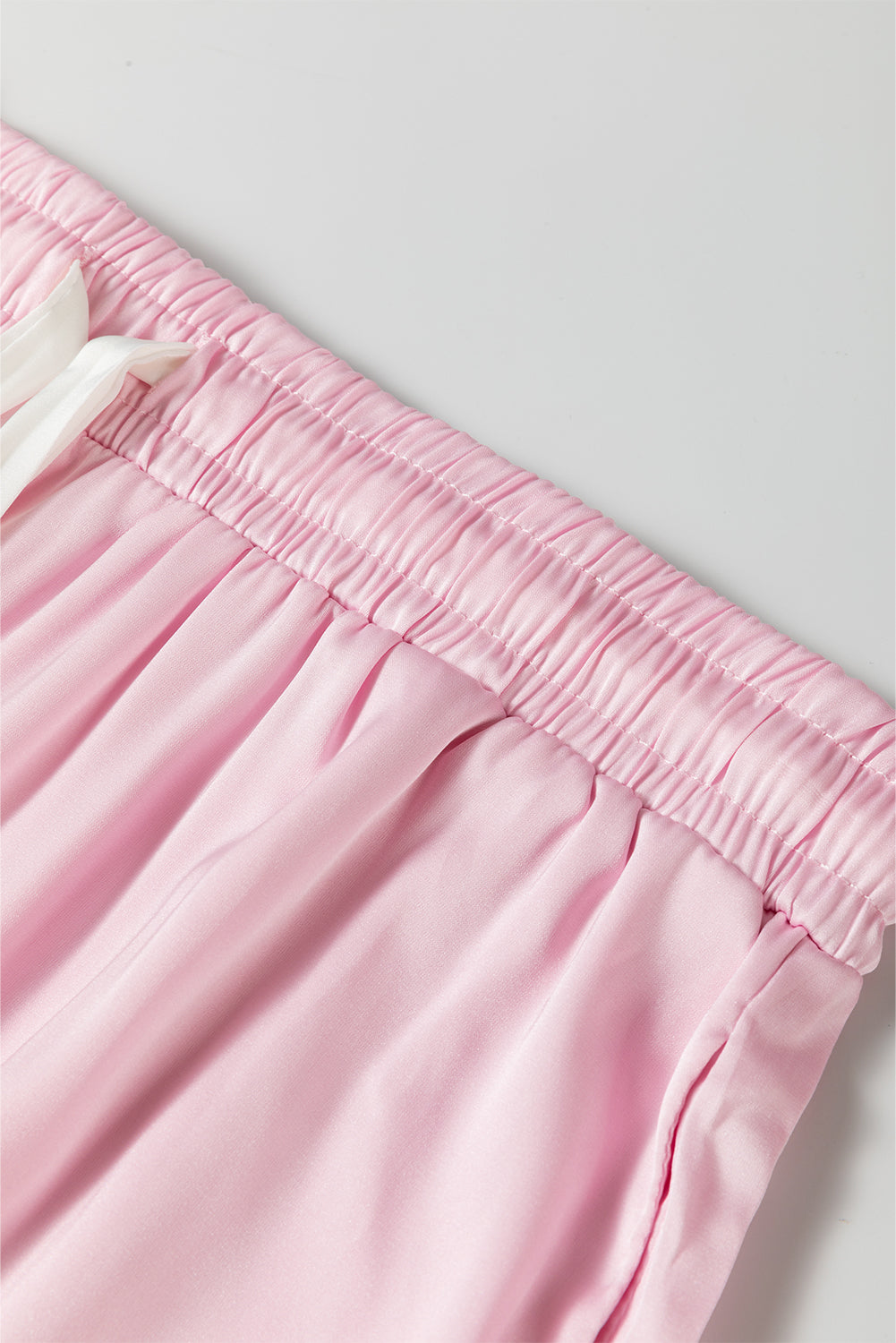 Satin Knot Accent Shirt And Ruffled Pants Lounge Set | Light Pink