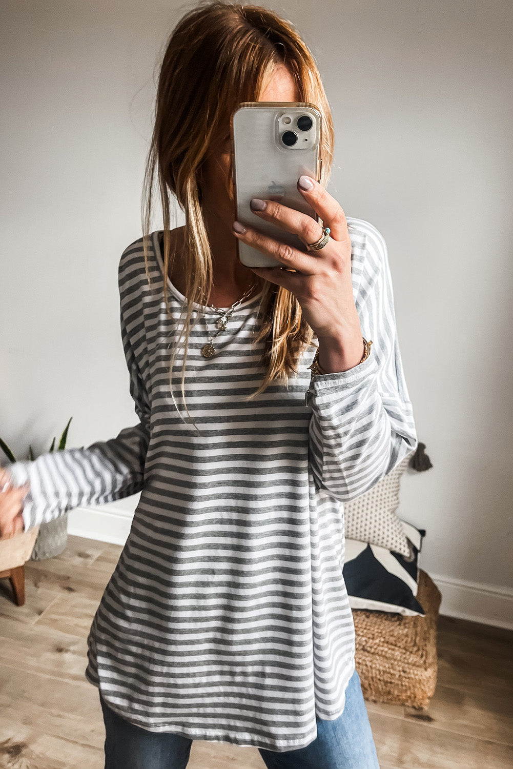 Drop Sleeve Round Neck Oversized Long Sleeve Top | Gray Stripe