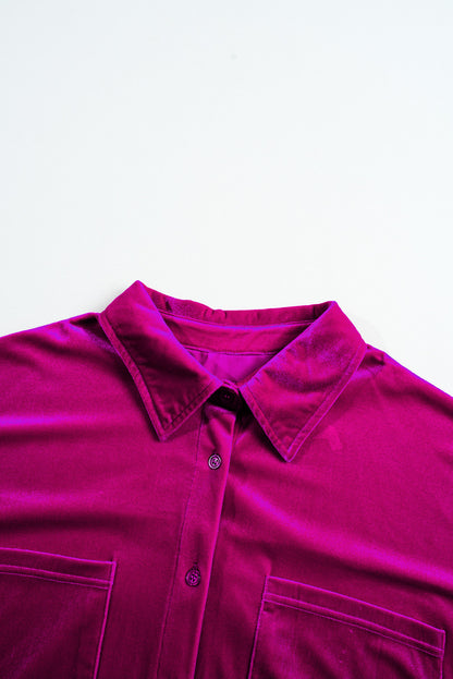 Plus Size Velvet Chest Pocket Drop Shoulder Shirt | Bright Pink