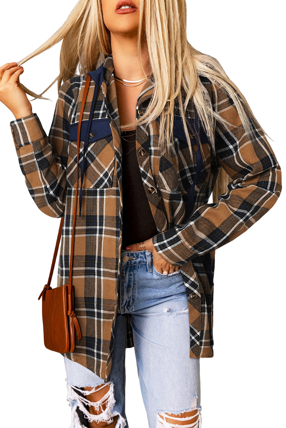 Bluing Contrast Hooded Drawstring Plaid Shacket | Mazarine