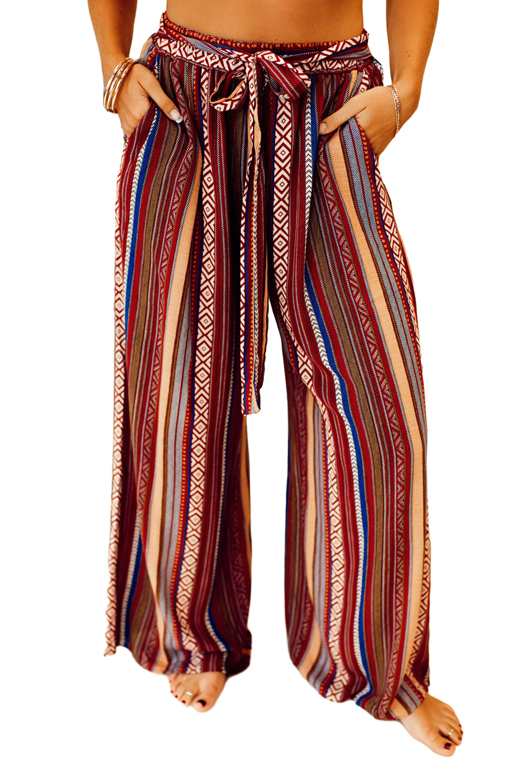 Boho Ethnic Striped Print Tie Waist Wide Leg Pants | Red