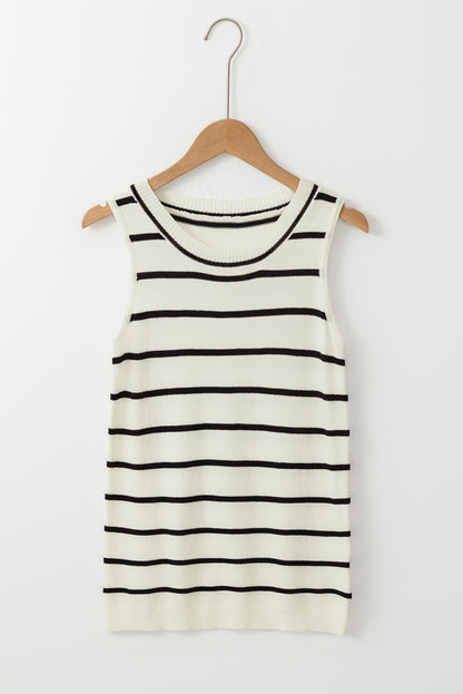 Striped Round Neck Sweater Vest | White