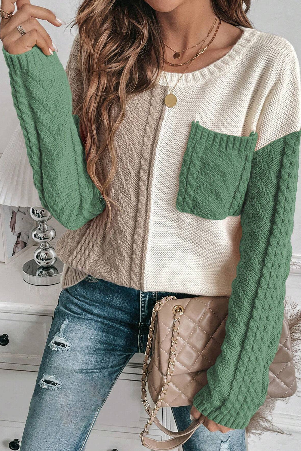 Colourblock Patched Pocket Drop Shoulder Sweater | Vineyard Green