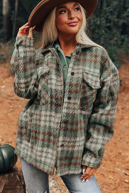 Plaid Print Chest Pockets Turn Down Collar Shacket | Mist Green