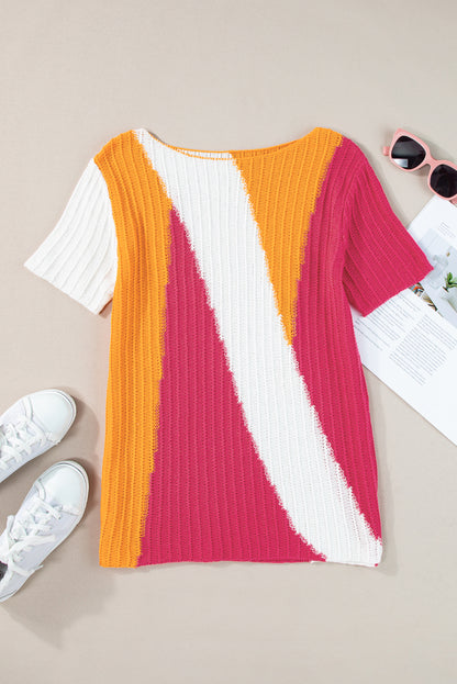 Textured Knit Colourblock Short Sleeve Sweater | Orange