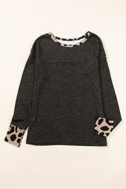 Leopard Contrast Trim Knit Top | Black