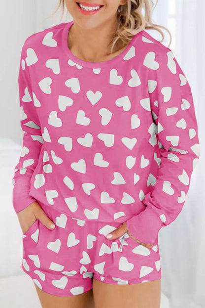 Pink Valentine Heart Shape Print Long Sleeve Top Shorts Lounge Set