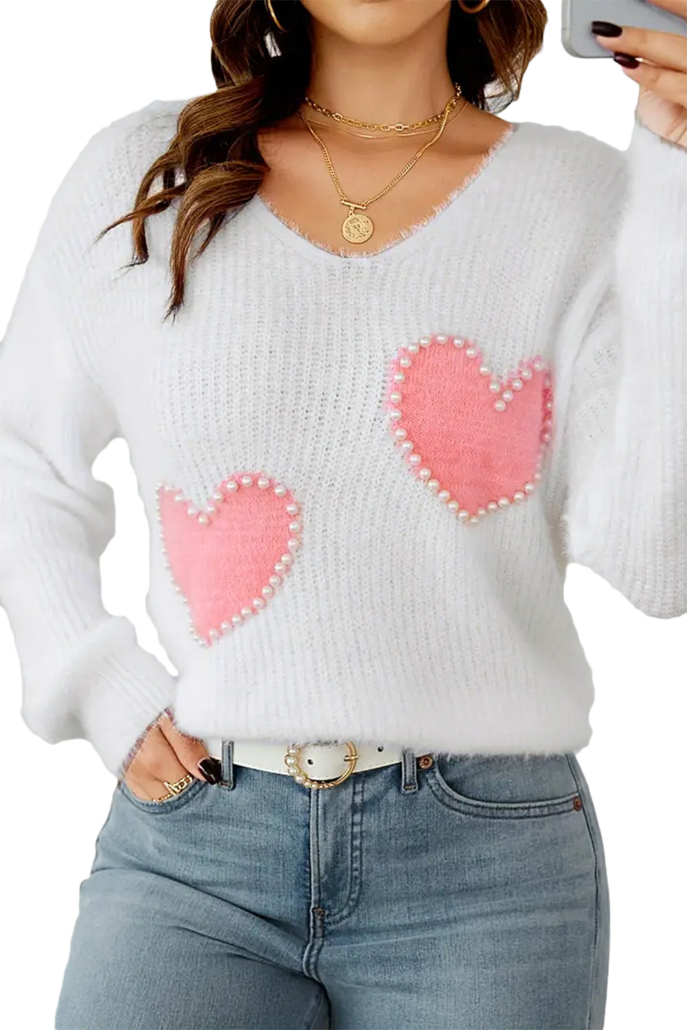 Pearl Beaded Heart Pattern Fuzzy V Neck Sweater | White