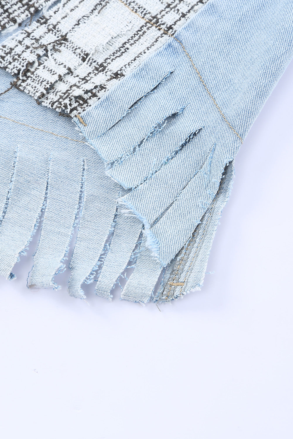 Plaid Patchwork Fringed Flap Pockets Denim Jacket | Sky Blue