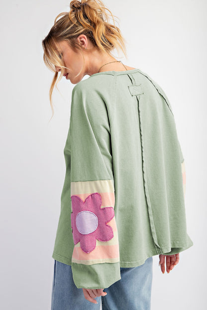 Flower Patchwork Raglan Sleeve Exposed Seam Oversized Top | Smoke Green