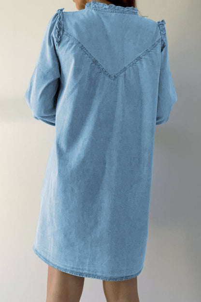 Ruffled V Neck Buttoned Shift Denim Dress | Myosotis