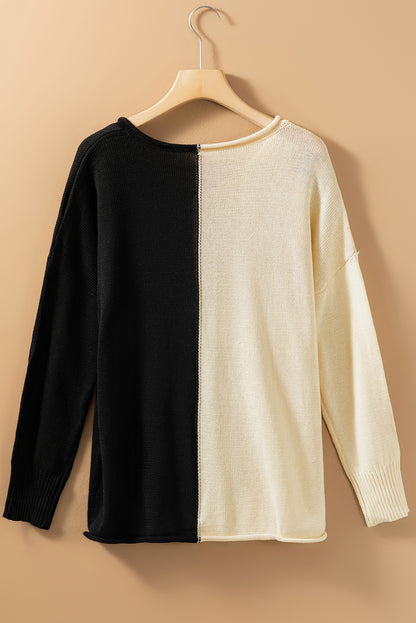 2-Tone Colour Block Raw Edge V Neck Sweater | Khaki