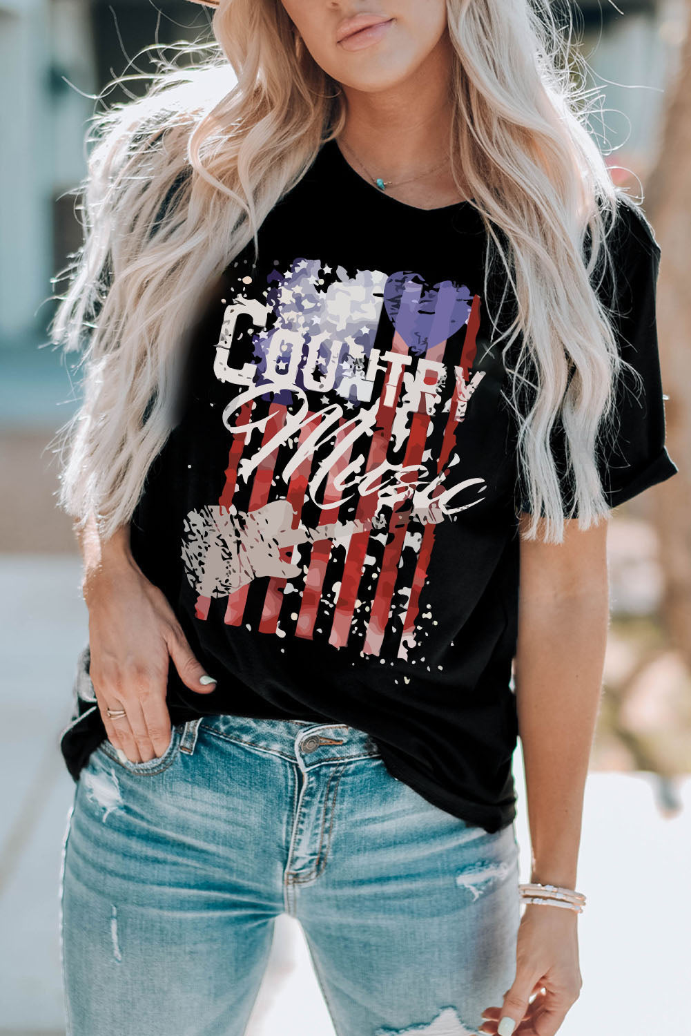 Country Music American Flag Graphic T Shirt | Black