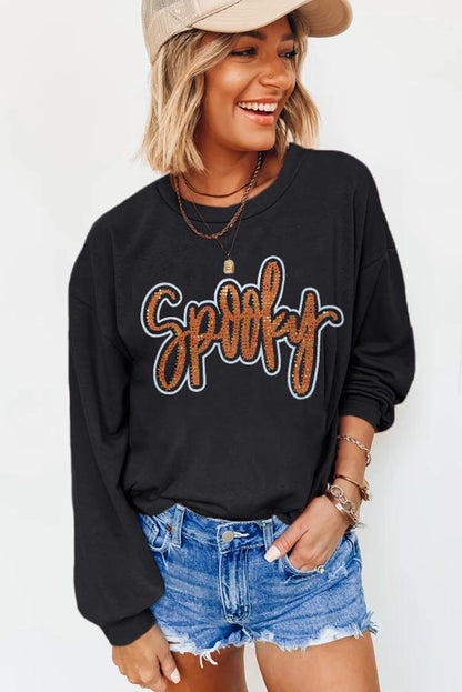 Spooky Rhinestone Drop Shoulder Graphic Sweatshirt | Black