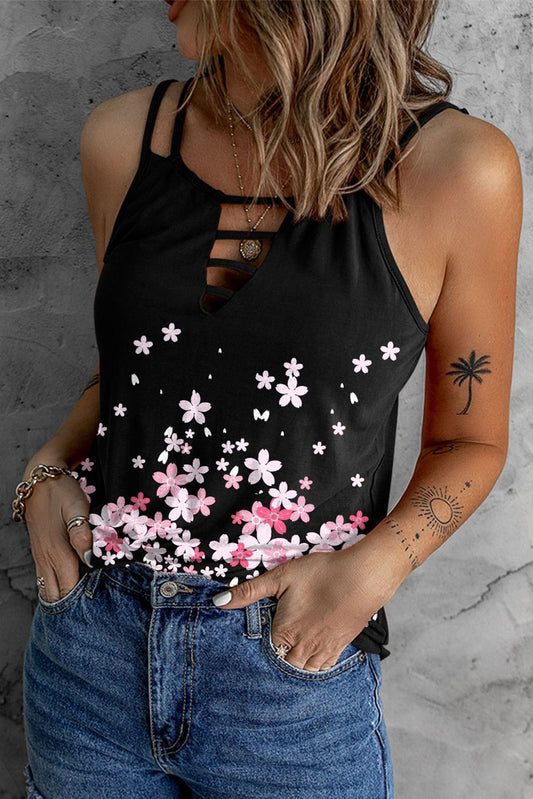 Black Floral Print Cut Out Spaghetti Strap Tank Top