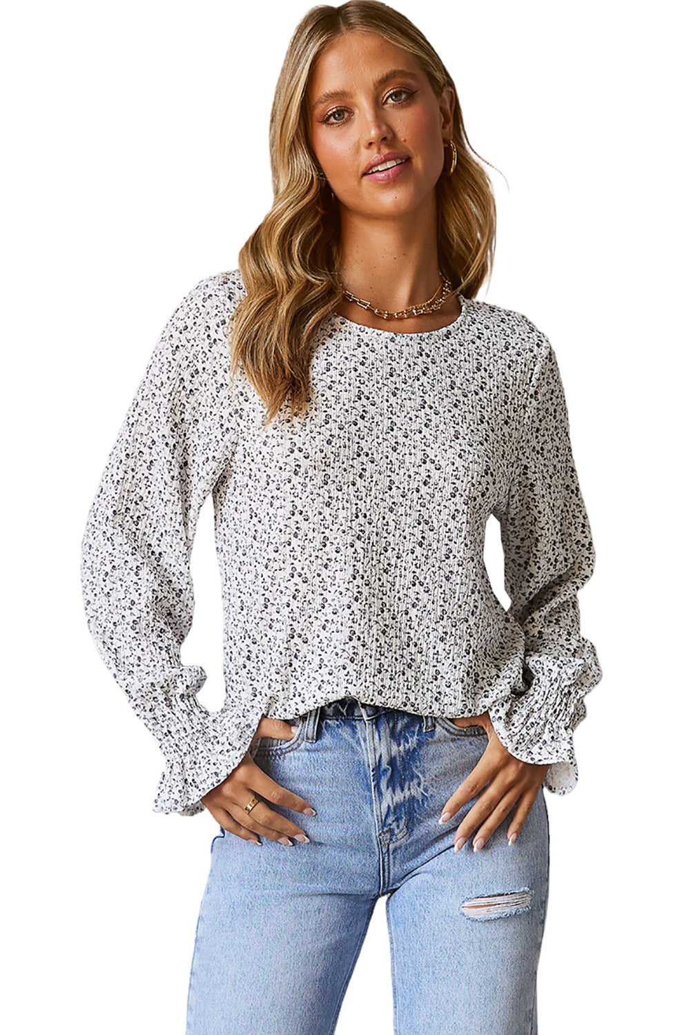 Floral Printed Crinkled Ruffled Bubble Sleeve Blouse | Black