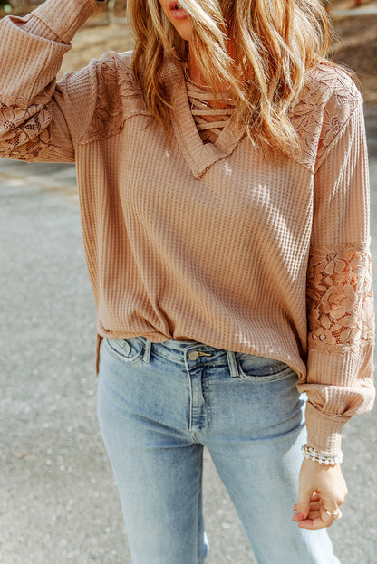 Lace Waffle Patchwork Strappy V Neck Long Sleeve Top | Apricot