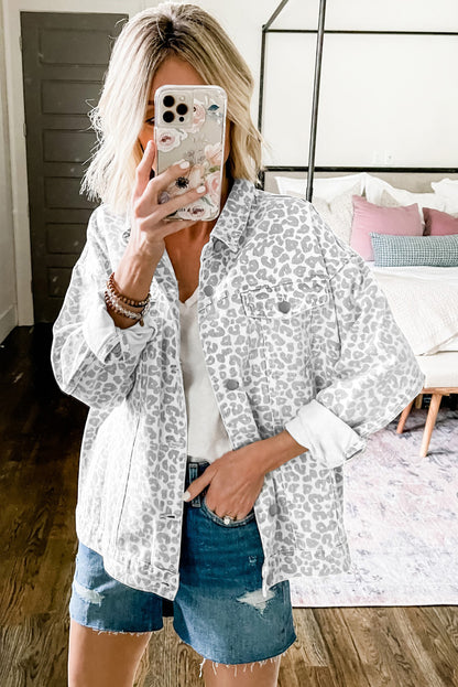 Leopard Printed Flap Pocket Denim Jacket | White