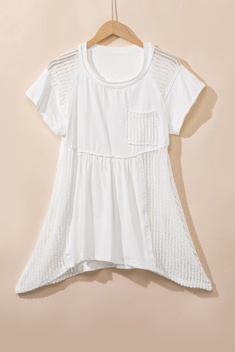 Hollow Knit Splicing Keyhole Back Tunic Top | White